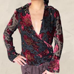 Silkland red velvet wrap blouse floral 90s long sleeve top vintage